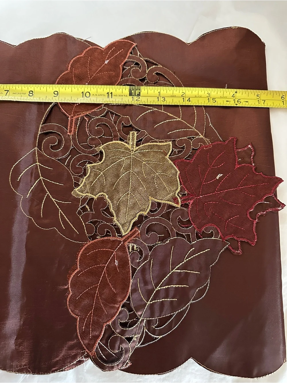 Scalloped Brown Table Runner with Autumn Leaf Embroidery